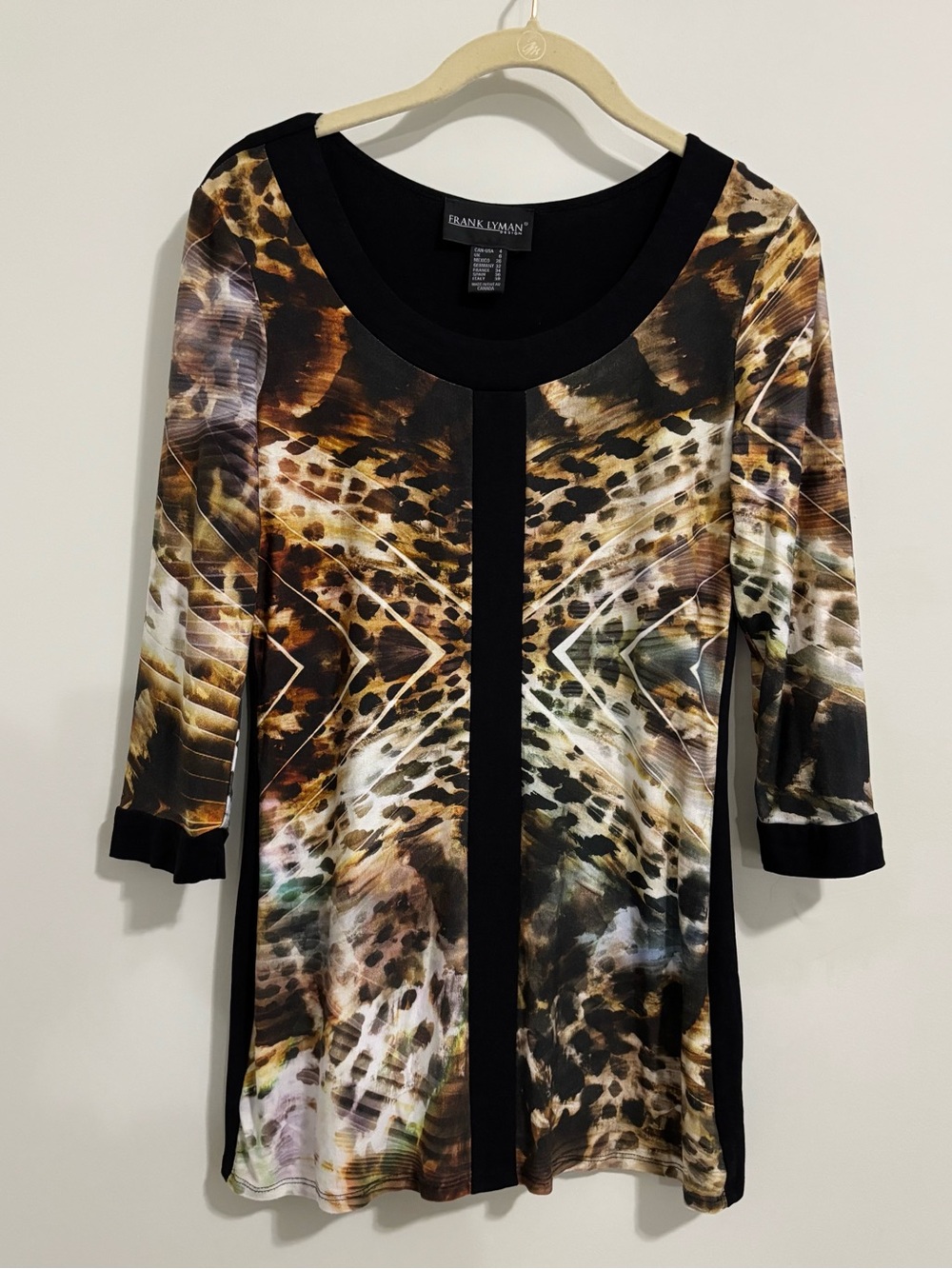 Frank Lyman Design Animal Print Scoop Neck Top with Black Trim